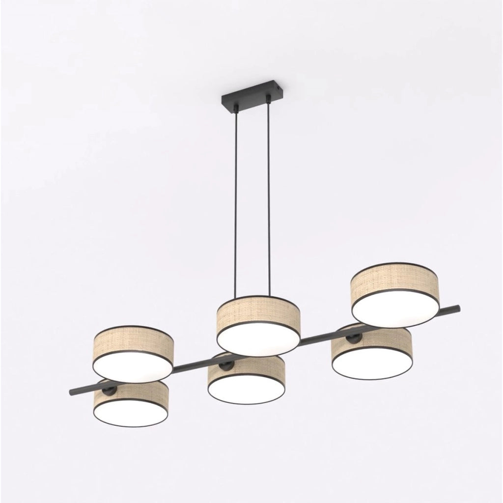 Lampada a sospensione Drumz in acciaio nero e rattan