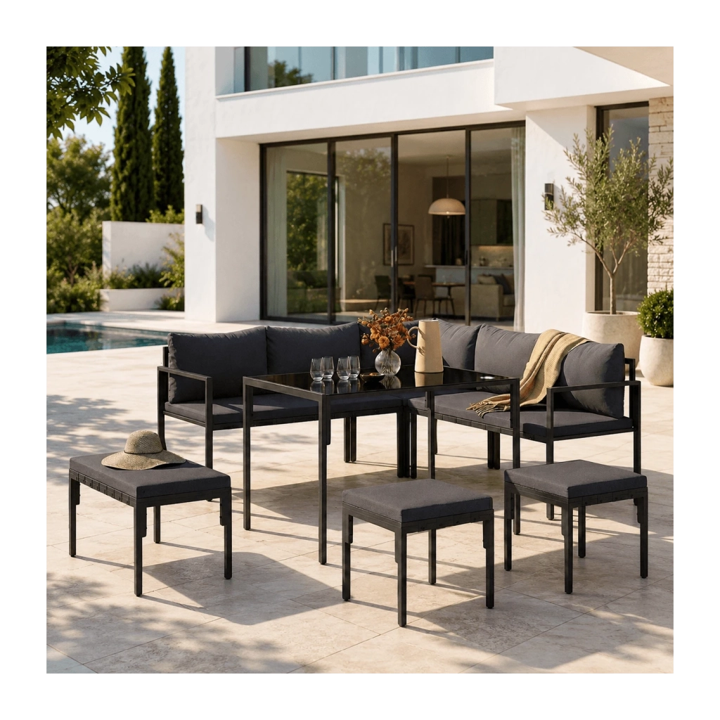 IDMarket - Set da giardino per pranzi NAYLA da 8 posti, angolare, in metallo con cuscini grigi, composto da tavolo da pranzo, divano angola