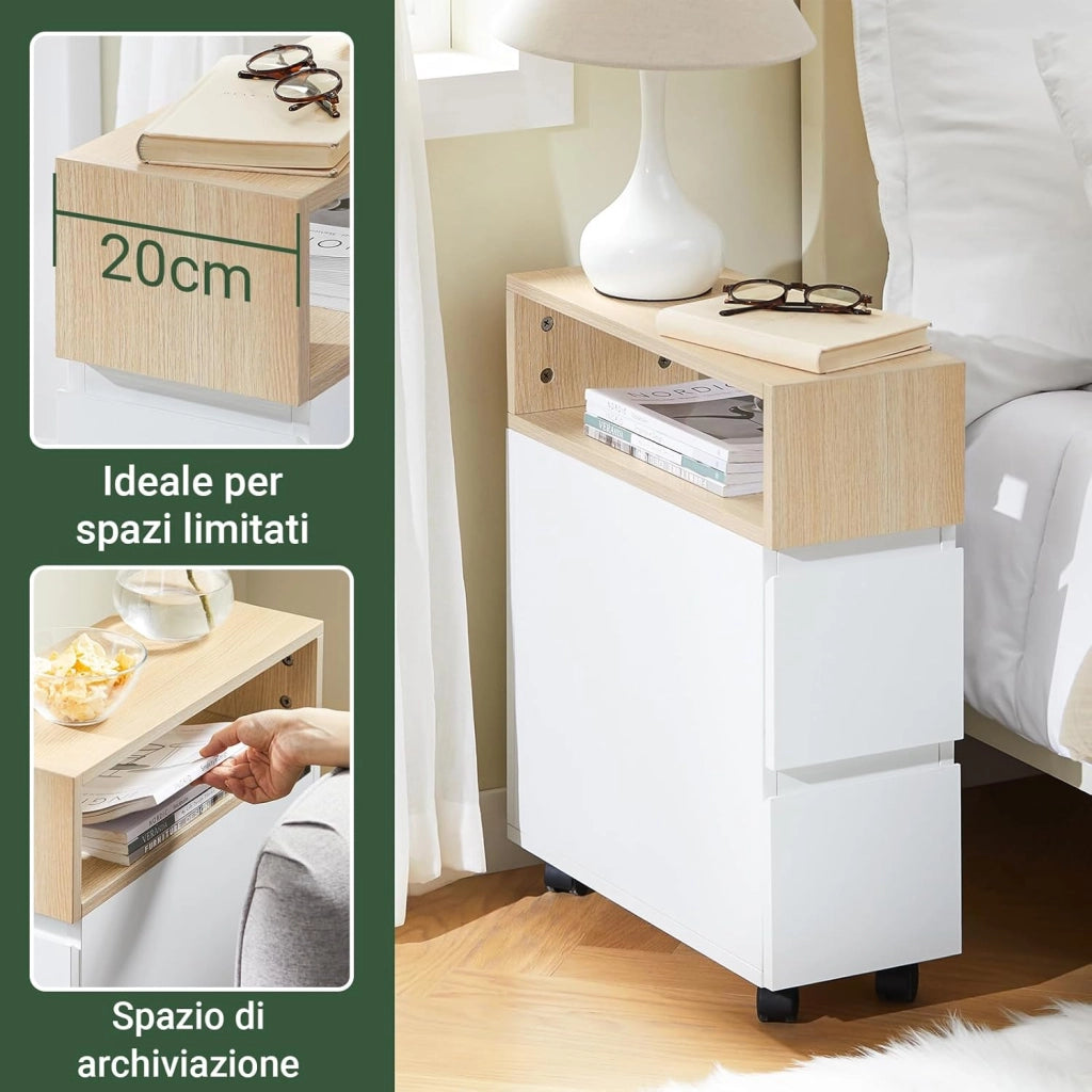 Tavolino Stretto con Rotelle e 2 Cassetti - Tavolino da Notte Multifunzionale per Camera da Letto/Soggiorno, Mobile con Rotelle Bianco/Naturale 50x20x61cm FBT155-WN