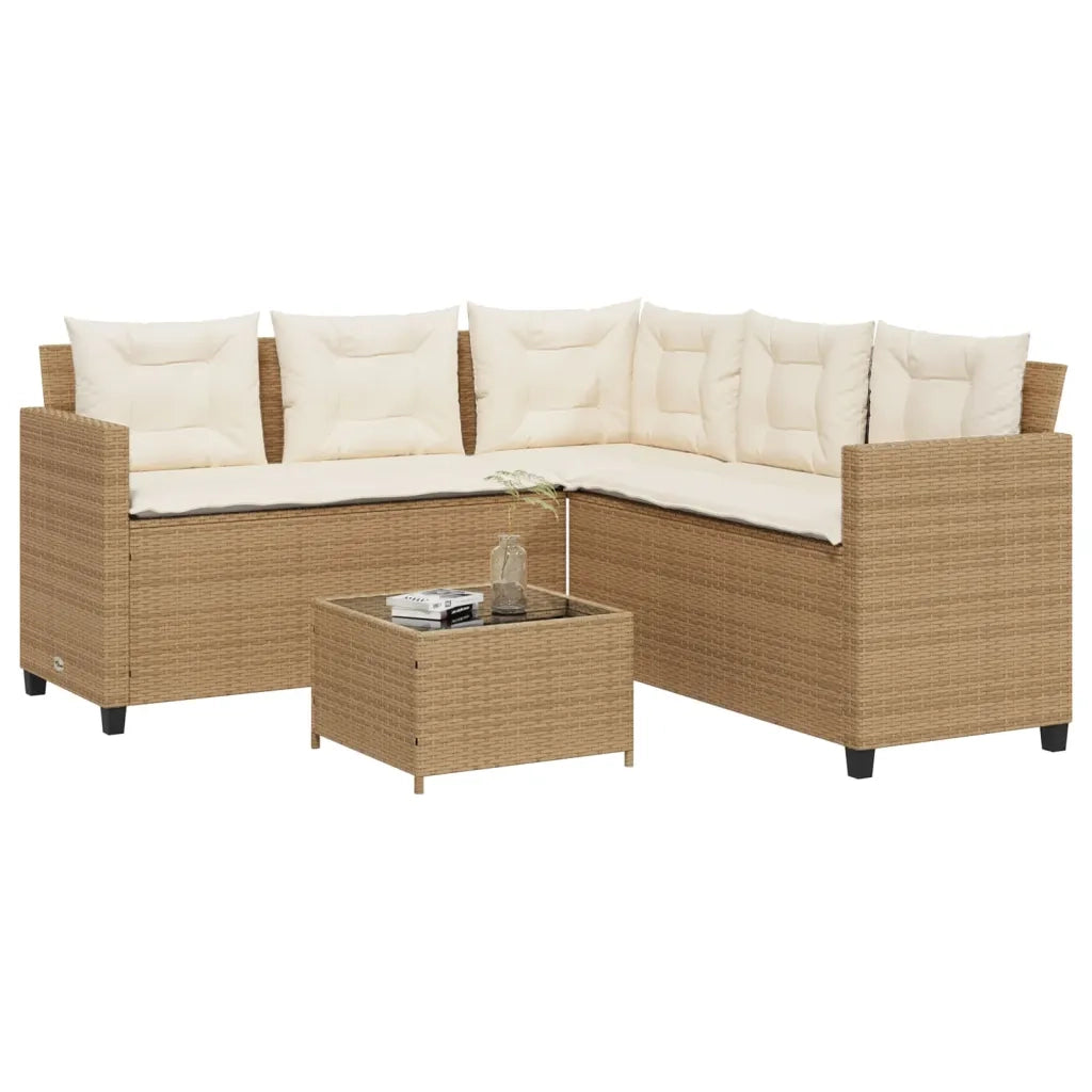 Divano da Giardino con Tavolo e Cuscini a L Beige in Polyrattan 369043