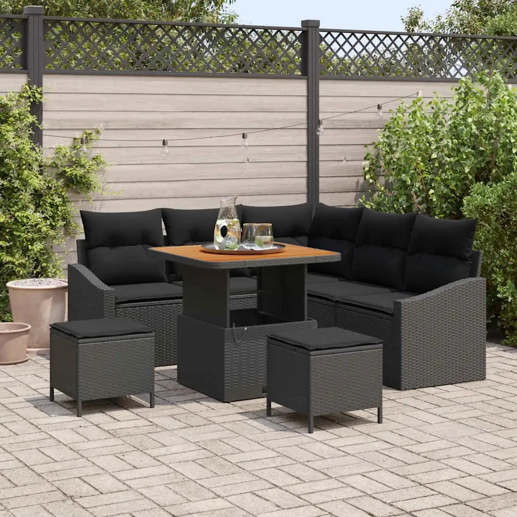 Set Divano da Giardino con cuscino 8 pcs Nero polyrattan