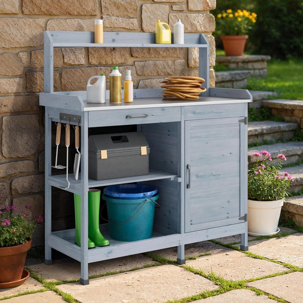 Tavolo da Giardinaggio,Tavolo per Piante,Tavolo Lavoro da Giardino in Legno Massello con Piano Lavoro, Ripiano Regolabile e Armadietto, Balcone, Terrazzo 112x46x125 cm Grigio