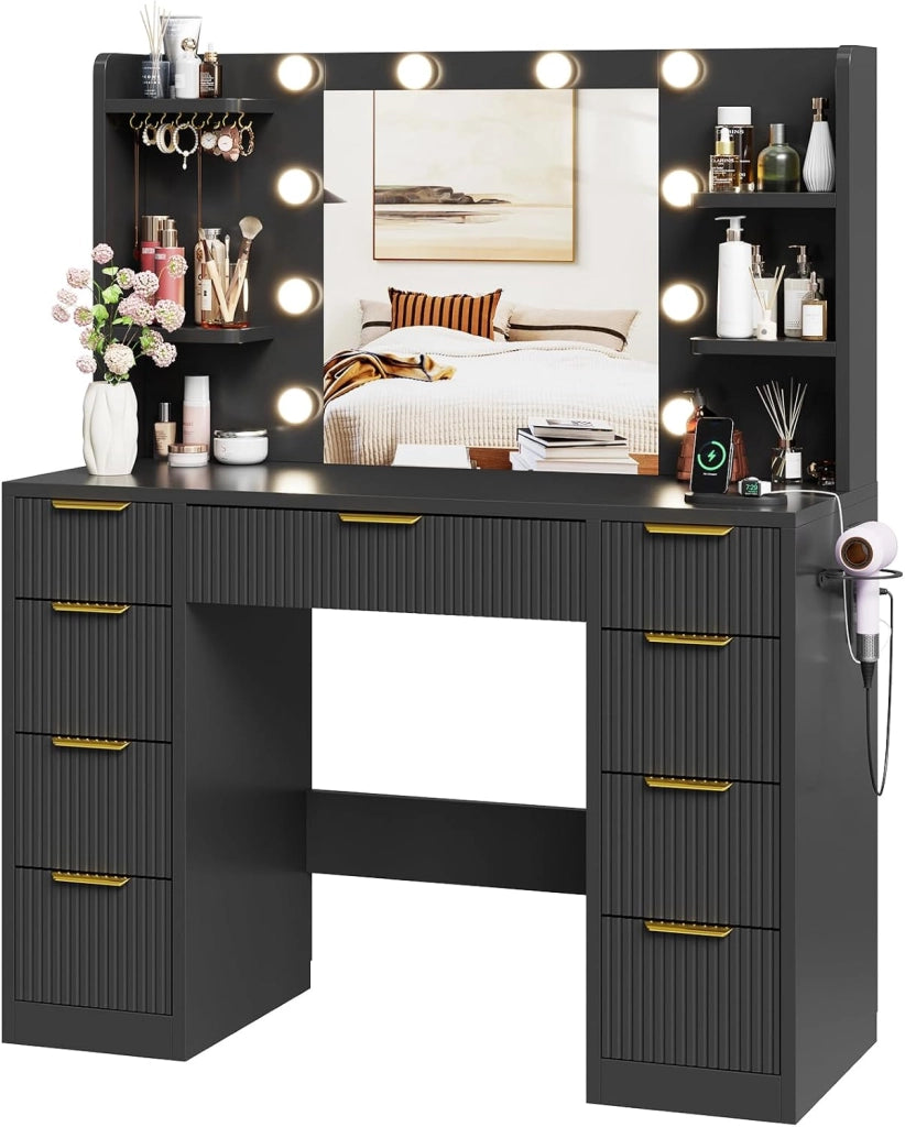 Mobile da Trucco Moderno con Illuminazione e Presa - Grande Comodino con Specchio, 9 Cassetti e Porta Phon, Tavolo Vanity per il Make-up (Nero)