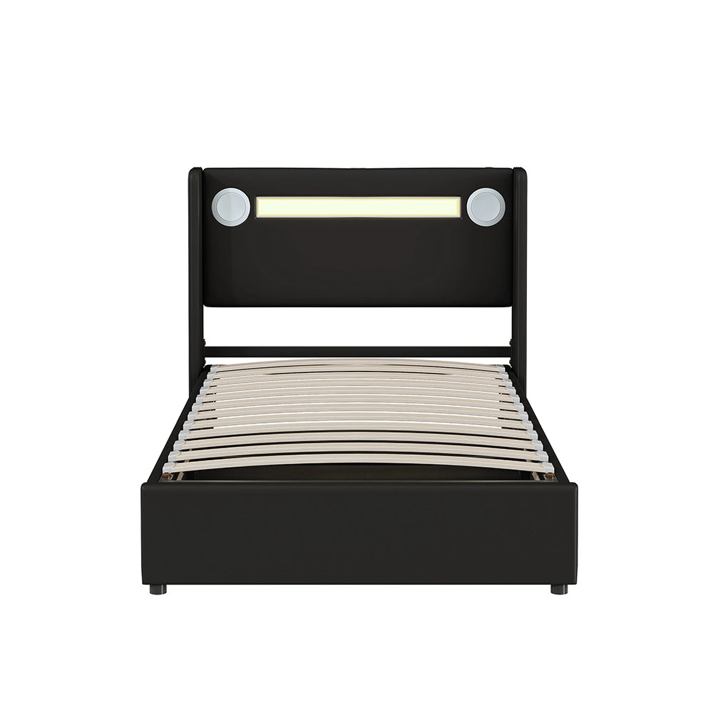 Letto a cassone imbottito singolo - Xylo - 90x200 cm - Nero - Con LED, Bluetooth e ricarica USB in Pelle PU