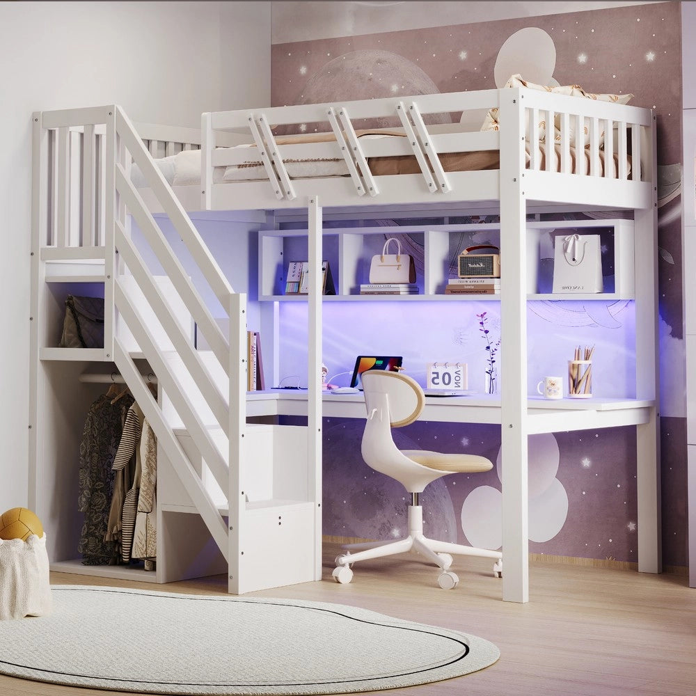Letto Singolo in Legno Massello con Scala, Scrivania, LED e USB ¨C Xylo ¨C Bianco 90x200