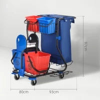 Carrello Pulizie con Sacco per Immondizia, 4 Secchi e Strizzatore per Mocio, 93x80x97 cm, Rosso Blu e Nero