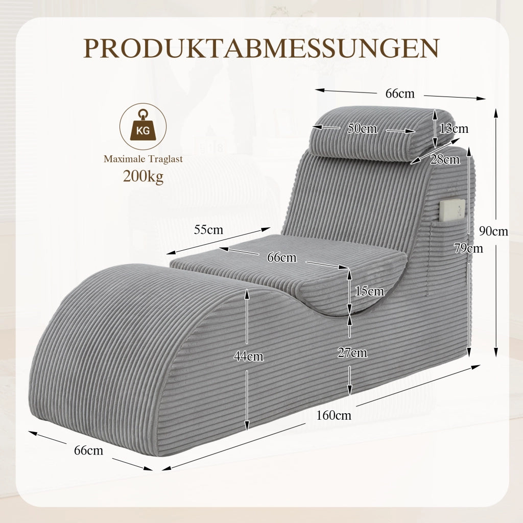 Poltrona ergonomica a compressione rapida con cuscino removibile e tasca laterale in tessuto a coste grigio chiaro