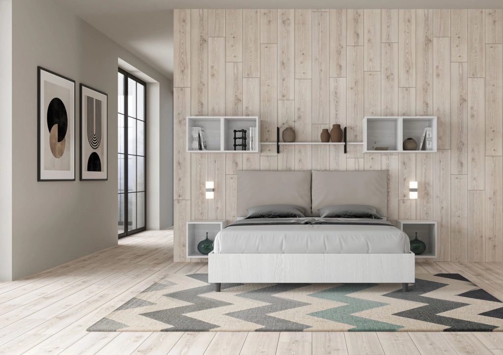 Letto matrimoniale contenitore doppia alzata 160x200 bianco frassino cuscini similpelle tortora Egos Antea
