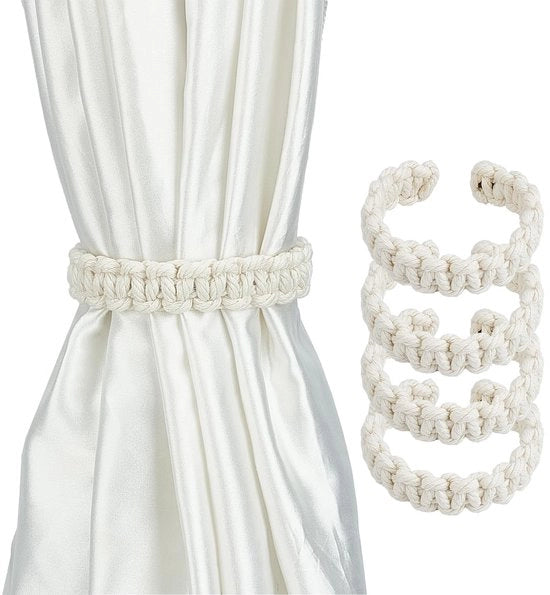 Gordini Regolabili 4 Pezzi - Corda Tessuta a Maglia in Coton - 25 cm - Bianco - Clip per Tendine