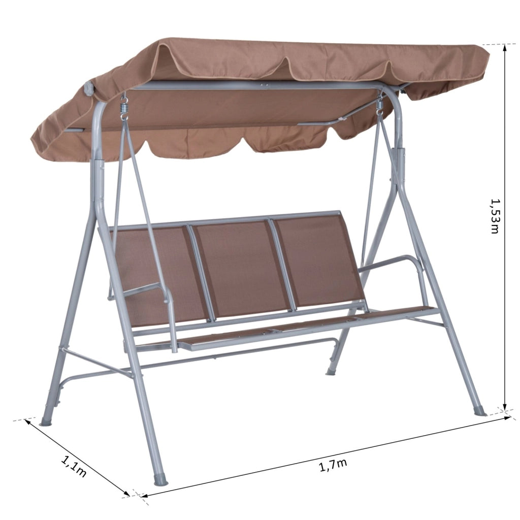 EasyComfort Dondolo da Giardino a 3 Posti in Metallo, Tetto Parasole Rimovibile e Lavabile, Marrone e Argento, 171x108x150cm