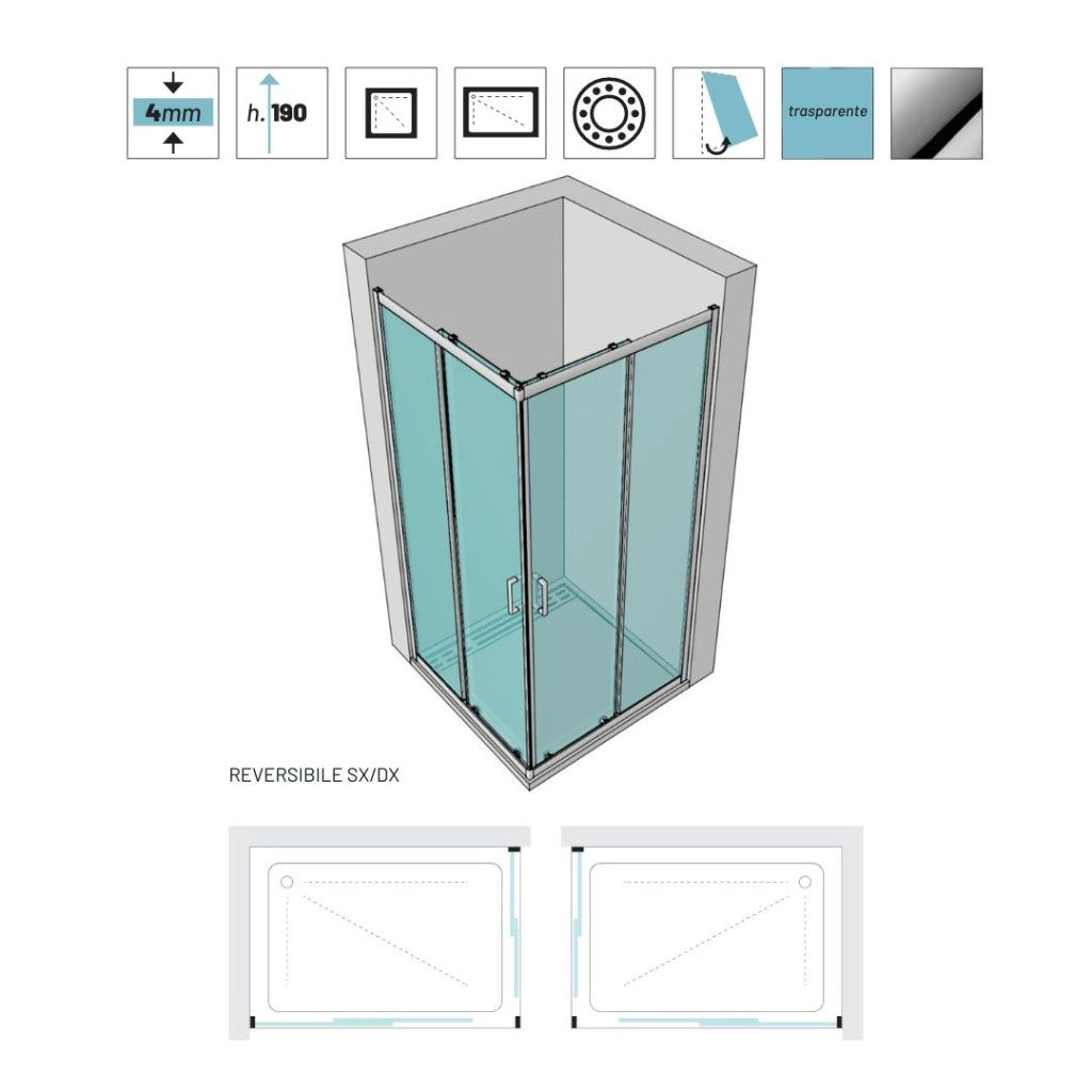 Ogomondo box doccia angolare con ante scorrevoli profilo cromato 4 millimetri trasparente *** misure 80x120x190h cm r...