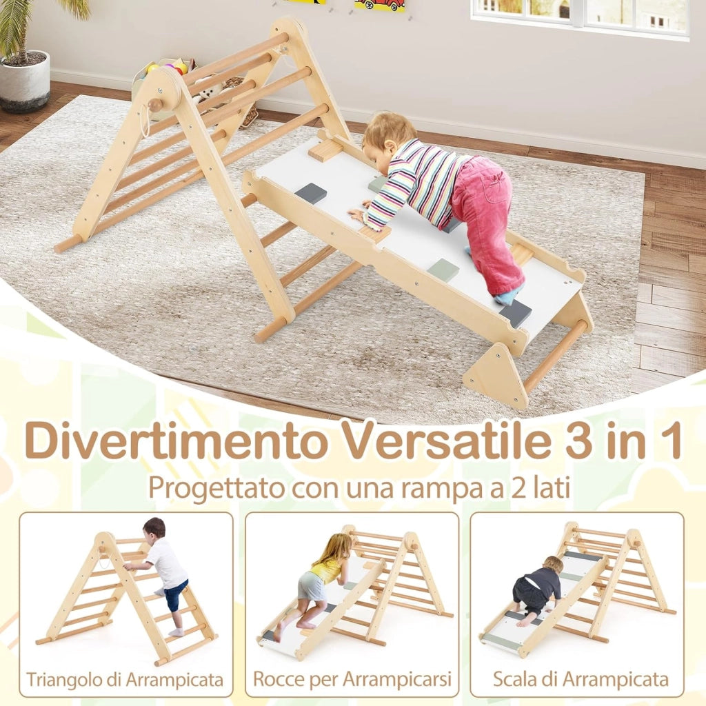 Set di Arrampicata per Bambini 3 in 1, Arrampicata in Legno Pieghevole con Rampetta a Doppia Faccia e Triangolo di Arrampicata Regolabile, Triangolo Montessoriana per Bambini 3+ Anni