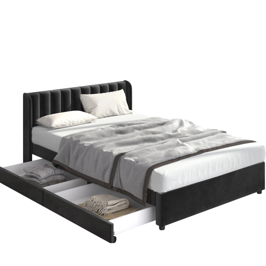 Letto matrimoniale 140x200 cm con 2 cassetti; velluto nero (Senza materasso)