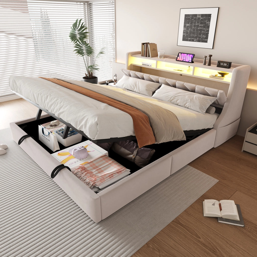 Letto imbottito 180x200 cm con testiera ribaltabile, luci LED, prese USB e Type-C, contenitore idraulico, velluto beige