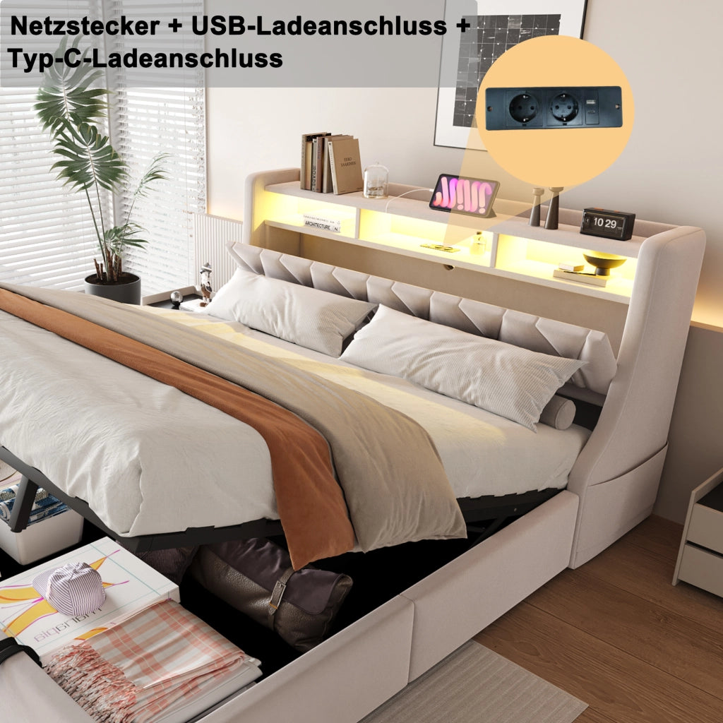 Letto matrimoniale contenitore 180x200 cm con testiera ribaltabile; prese; LED e piedi maggiorati; velluto beige