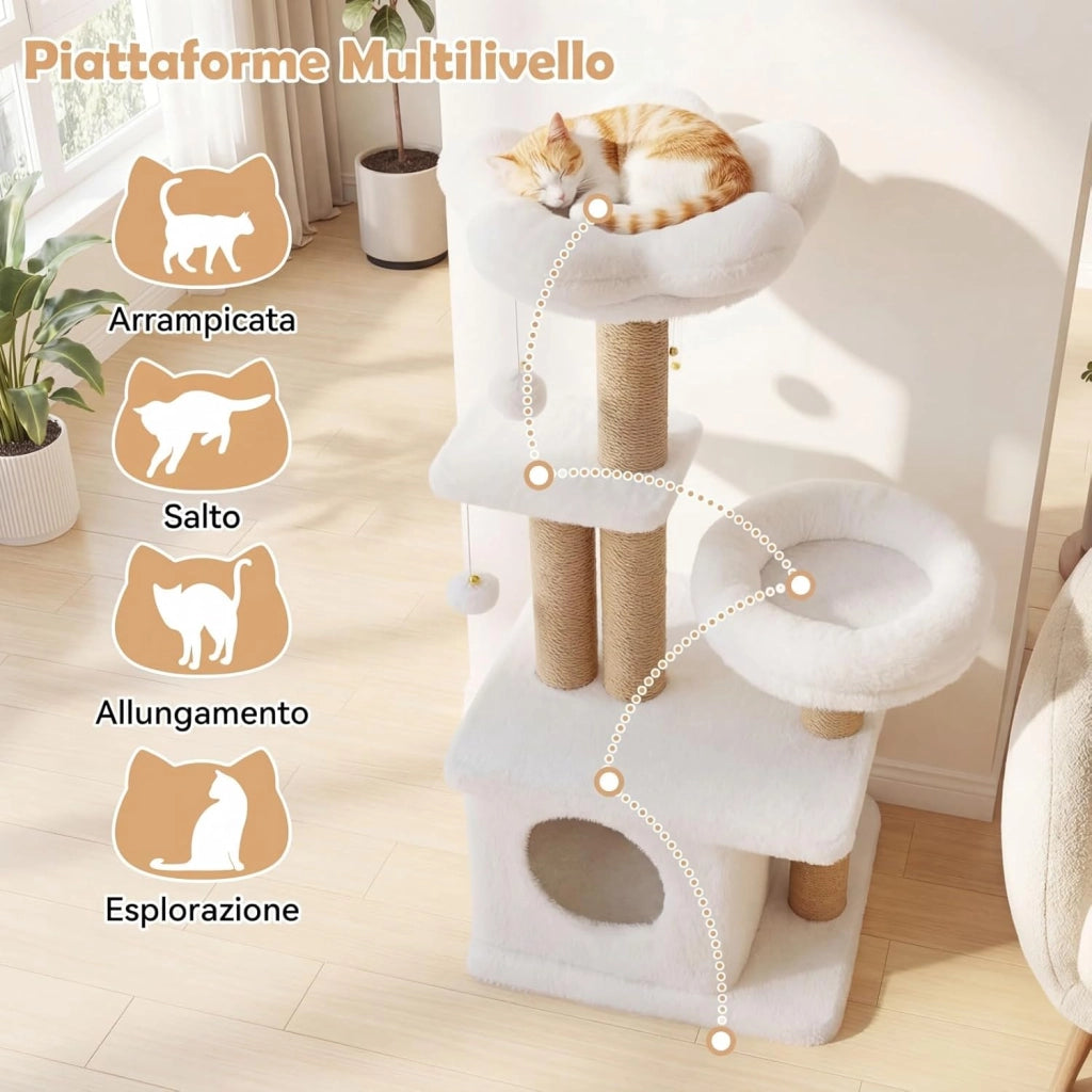 Albero per Gatti, Alberi Tiragraffi Alta 96 cm con Poggiolo Imbottito a Forma di Fiore, Condo Accogliente & Letto per Gatti, 2 Palline con Campanelli Appese & Posti per Graffiare (Bianco)