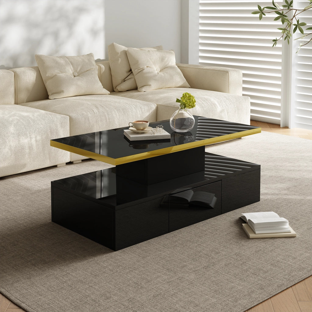 TAVOLO Caffè con cassetto e 2 ripiani 100 x 50 x 39 cm Nero lucido