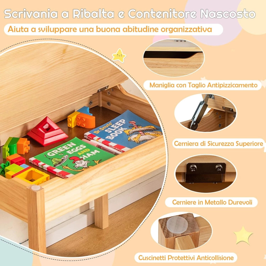 Set Tavolo e Sedia d’Arte per Bambini 3+ Anni, Scrivania in Legno di Pino da Disegno con Portarotolo, Piano Ribaltabile & Vano Portaoggetti, Rotolo di Carta (10m) e 2 Pennarelli (Naturale)