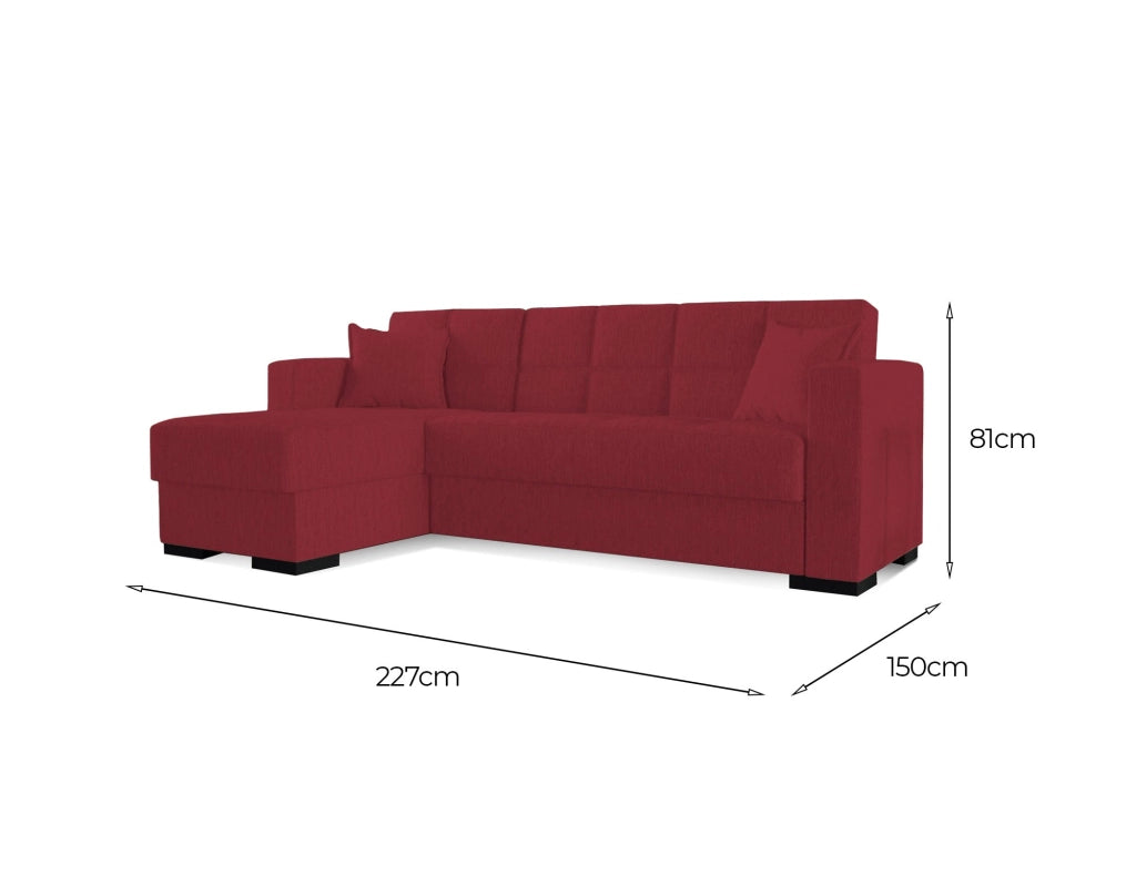 Divano letto Armadillo, Divano letto ad angolo con penisola reversibile, Sofà\  contenitore da soggiorno con chaislongue e 2 cuscini, Cm 230x150h81, Rosso