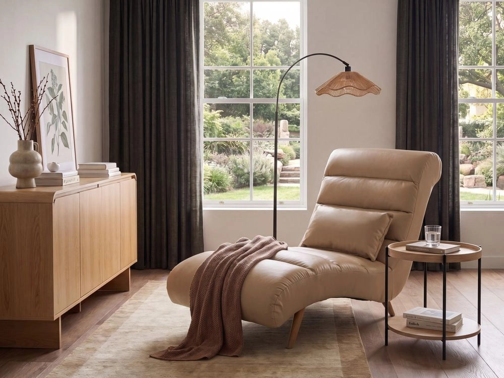 Chaise longue in pelle sintetica marrone chiaro per soggiorno, per il relax, con gambe effetto legno, stile scandinavo moderno