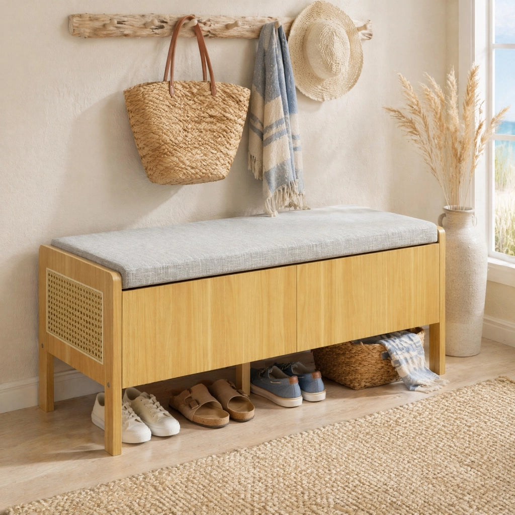 Panca contenitore con seduta, laterali in rattan, 2 cassetti, colore naturale e grigio, 113 ¡Á 45,5 ¡Á 40 cm
