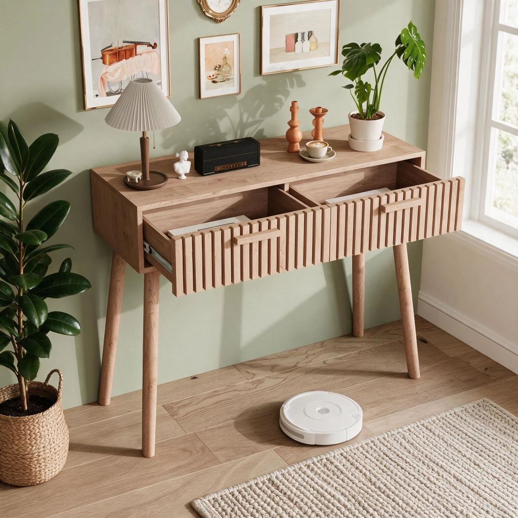Tavolo consolle 100x35x80 cm con 2 cassetti tavolo da divano scrivtaliano-marrone giallastro