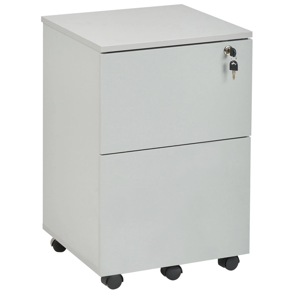 Armadietto in legno massiccio con 2 cassetti e ruote con serratura a chiave grigio chiaro design moderno