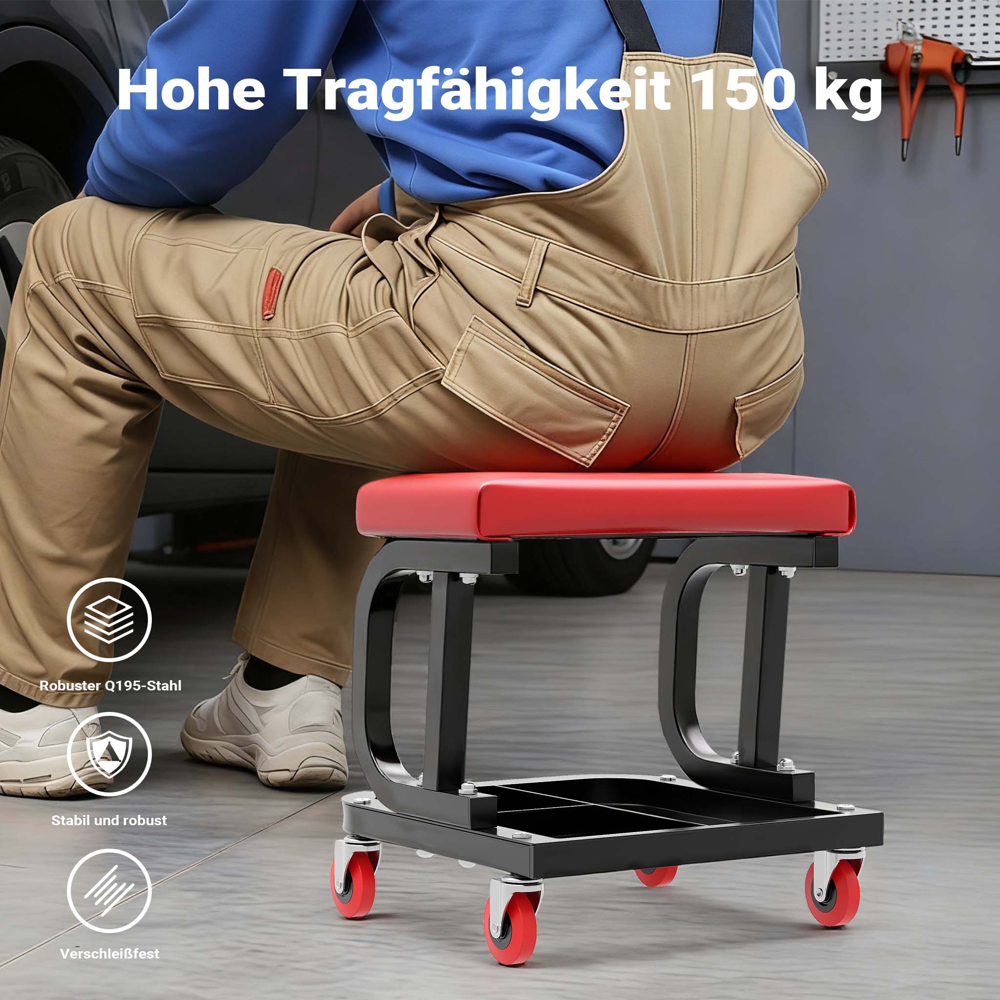 Sgabello per officina con ruote; sgabello di montaggio, carrello meccanico con ripiano porta-attrezzi