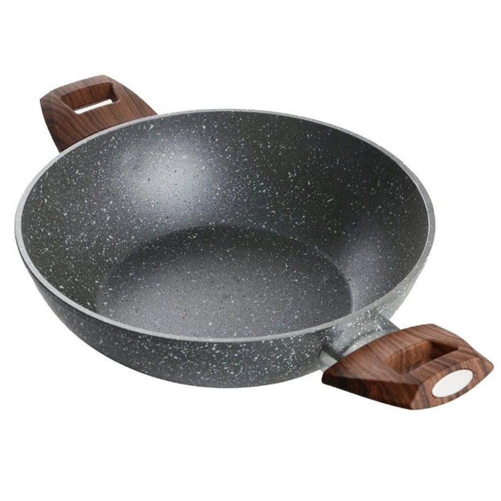 Trade Shop - Wok Rivestimento Antiaderente Antigraffio Per Induzione Con 2 Manici Legno ø24-28-32cm -