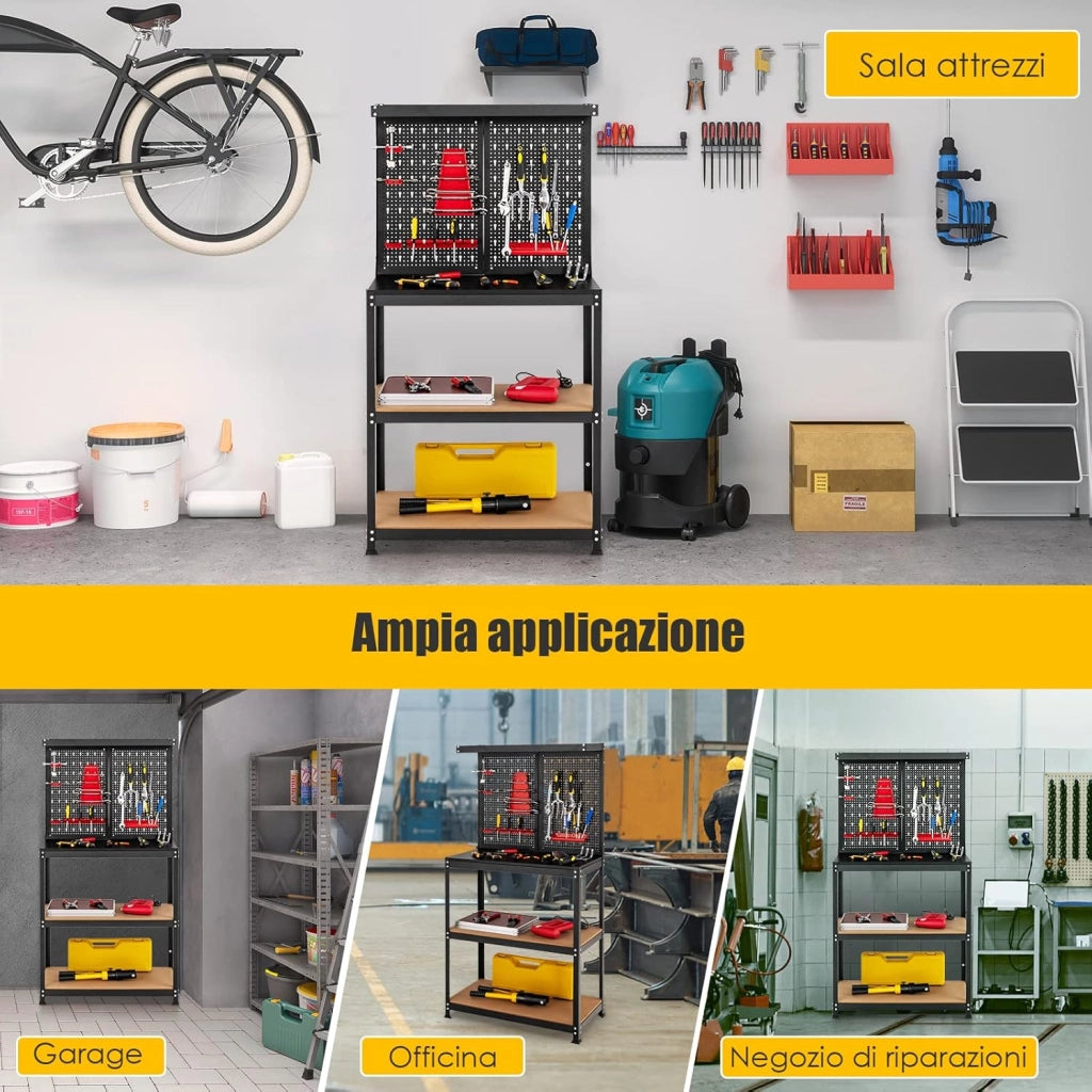 Banco da Lavoro, in Metallo e MDF, con 3 Ripiani, 13 Accessori da Appendere, 80,5 x 41x 155cm, per Garage, Casa, Officina e Magazzino
