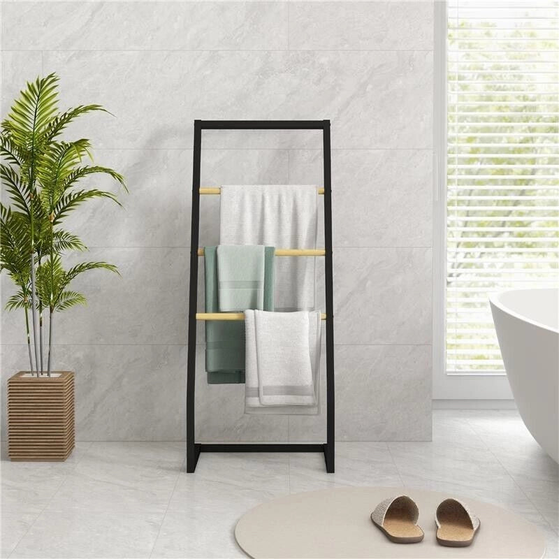 PORTASCIUGAMANI A 4 SBARRE IN ACCIAIO E BAMBÙ, 40.5X28X98CM, NERO E COLOR LEGNO