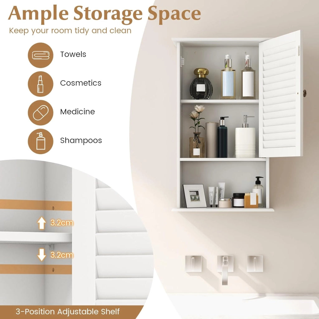 Armadio da Bagno a Parete con Porta, 2 Ripiani Regolabili e Scomparto Aperto, Armadio in Legno a 3 Livelli, Mobile Multiuso per il Bagno, Cucina, Ingresso, 42x17x70 cm (Bianco)
