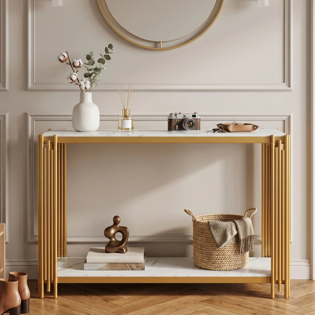 Tavolo consolle a 2 ripiani in MDF effetto marmo bianco e oro