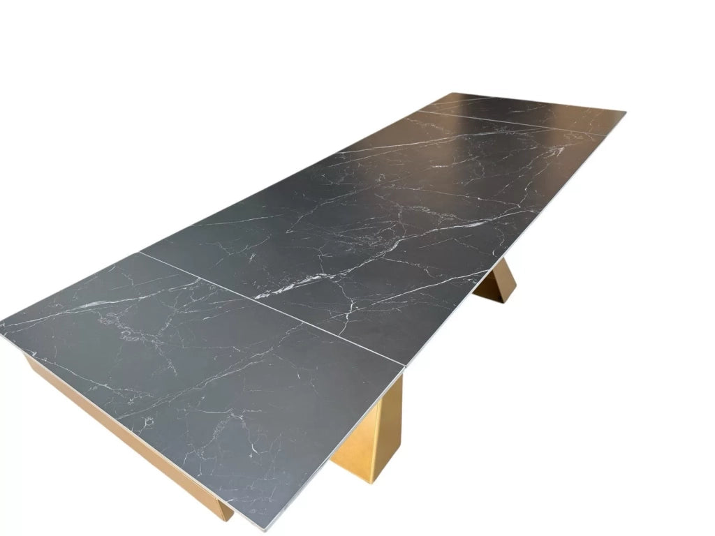 Tavolo moderno allungabile piano nero effetto marmo gambe oro 160x90x78 - Mobili 2G