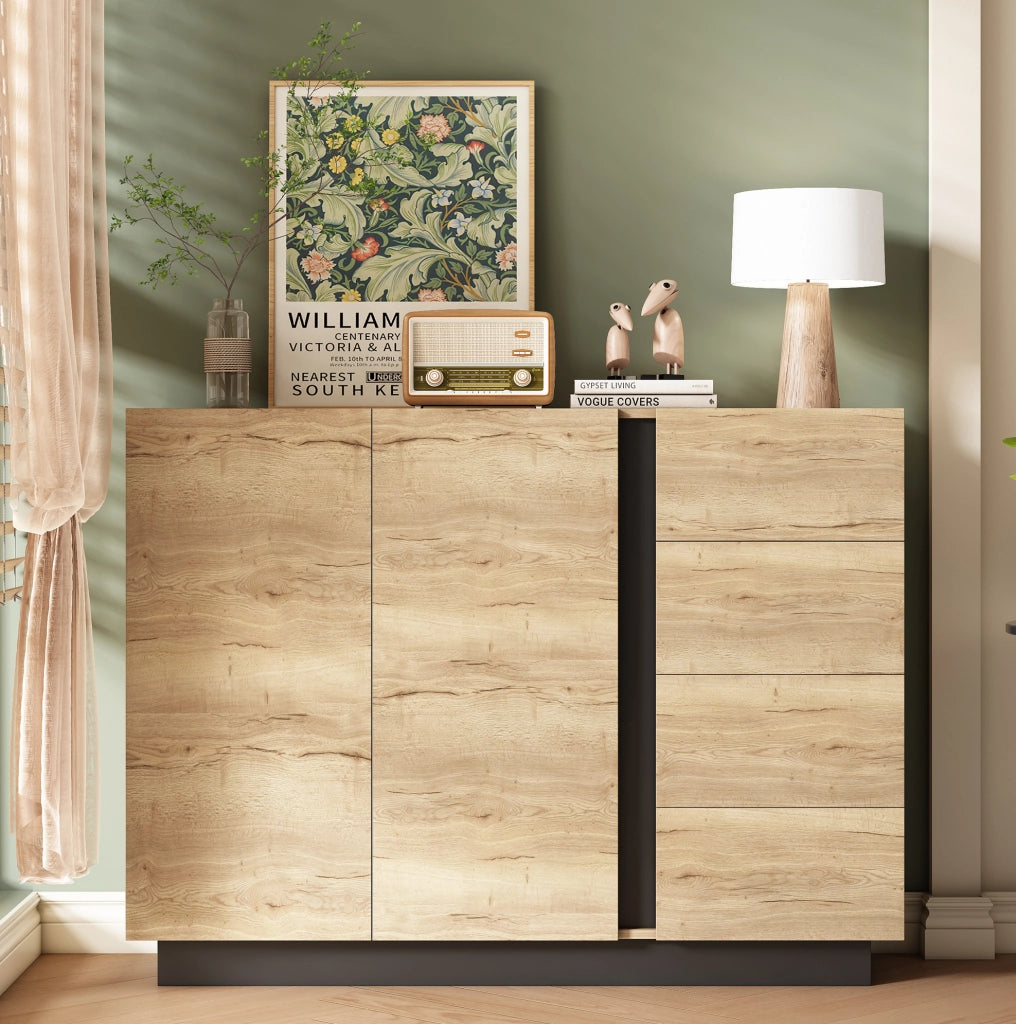 Credenza 4 cassetti 2 ante nera e legno naturale con apertura a pressione per casa ordinata