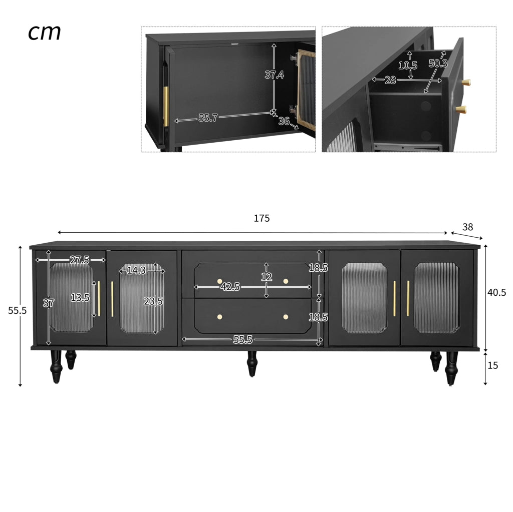 Mobile TV nero 177x38x55,5 cm con 4 ante in vetro rigato e cassetti push-to-open