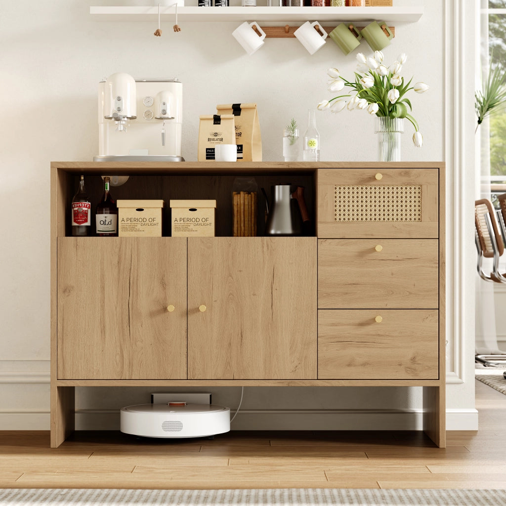 Credenza con 2 Ante e 3 Cassetti in Legno con Rattan ¨C MINIMAL ¨C 105x40x76