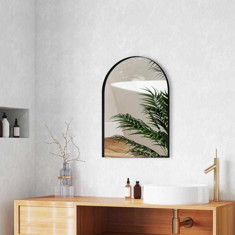 Specchio da bagno curvo, 50 x 70 cm, specchio da bagno con cornice in alluminio, specchio decorativo, cucina, nero