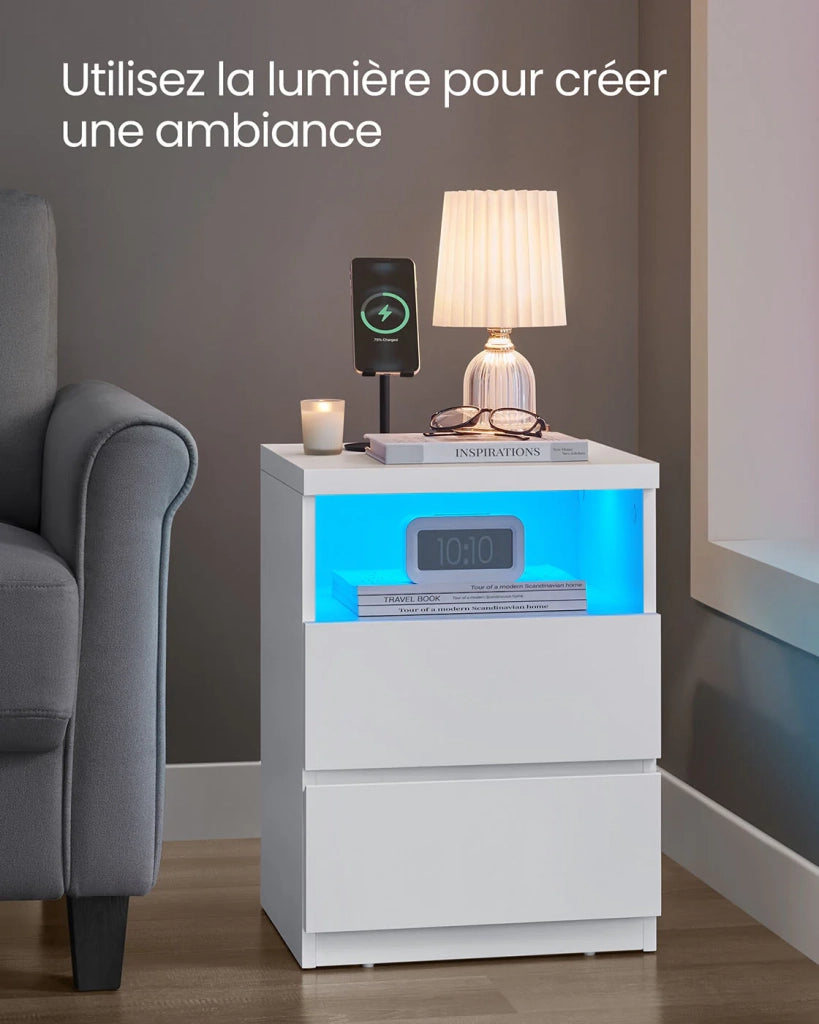 Comodino con illuminazione LED regolabile tavolino con cassetti cassettiera comodino per camera da letto soggiorno stile moderno bianco 12_0007604