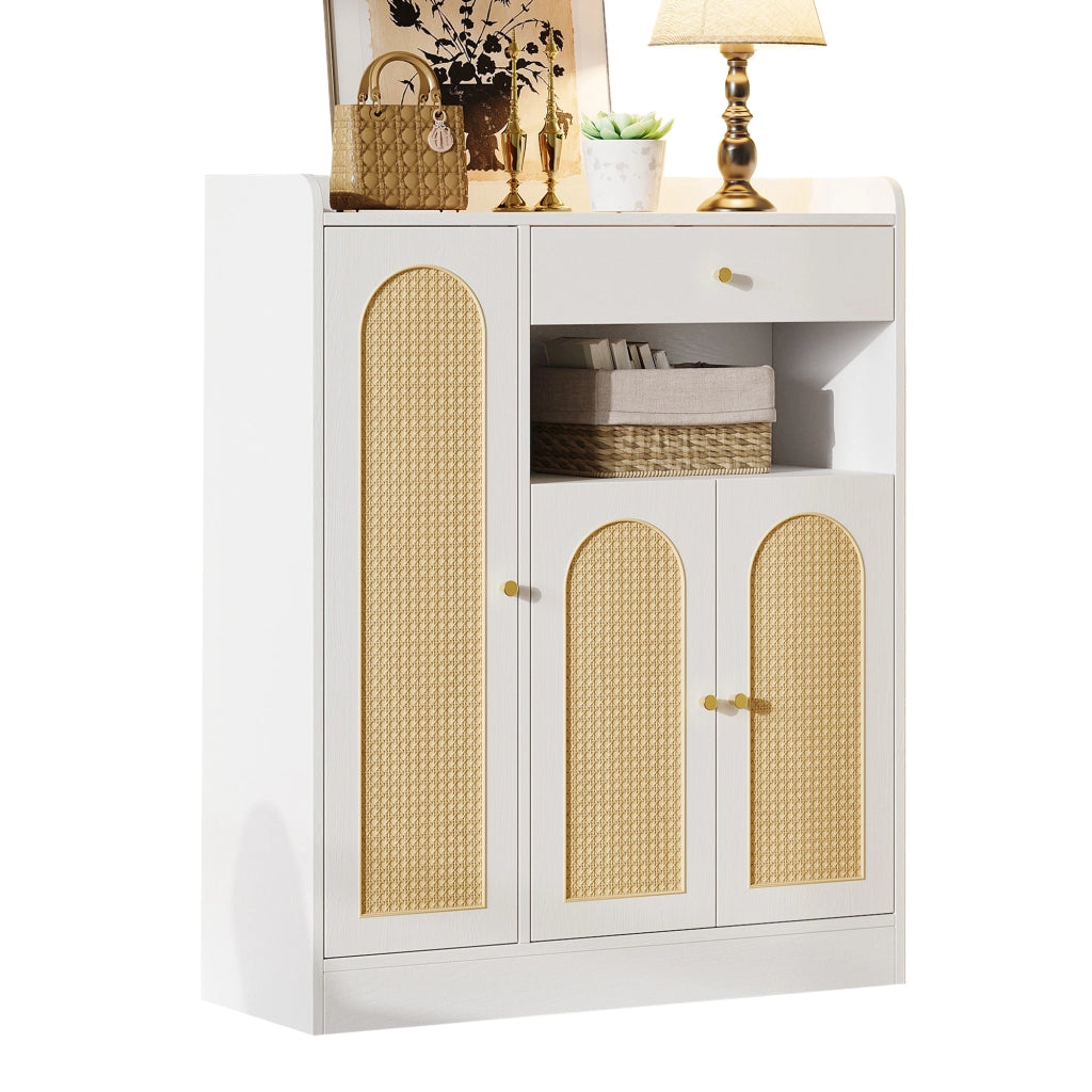 Mobile portascarpe moderno in rattan con 3 ante, 1 cassetto e ripiani regolabili, struttura in MDF/ truciolare, 90 x 35 x 110 cm, bianco/naturale