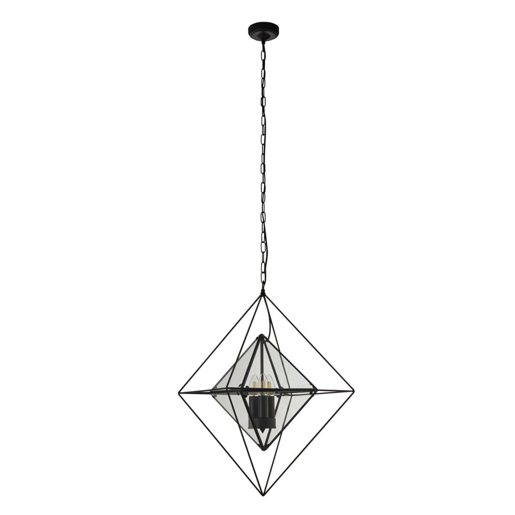 Lampadario Contemporaneo Diamante Acciaio Nero Trasparente 3 Luci E14