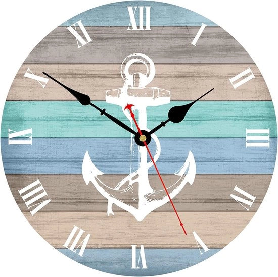 Orologio da parete 12 pollici, stile, alimentato da batterie, arte, orologio da parete decorativo retro, numeri romani leggibili con facilità, linea di navigazione, disegno a forma di ancore.