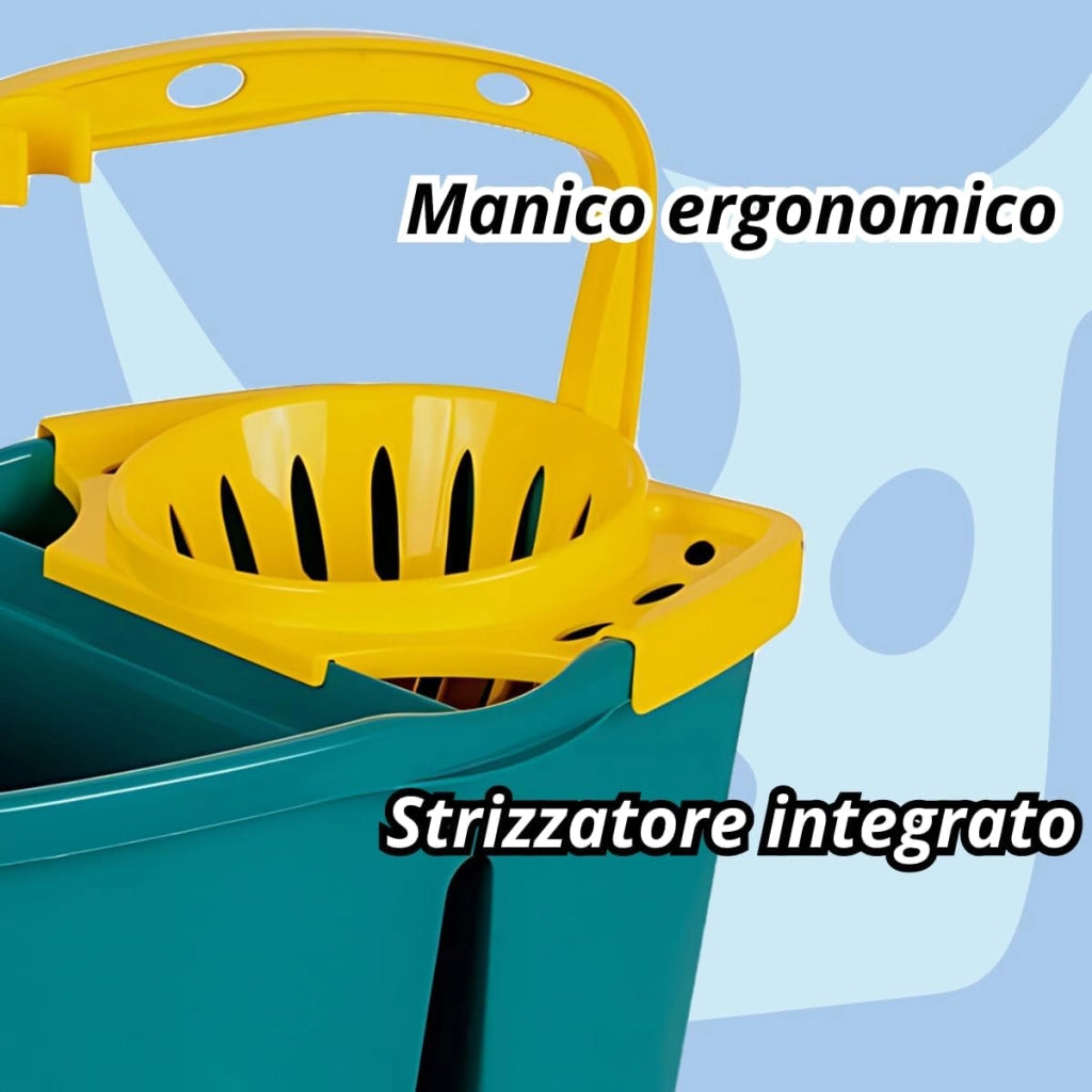 Tomaino - Secchio lavapavimenti con Doppia Vasca in Plastica - Mocio Acqua Separate Pulita e Sporca - 2 Vasche da 7 litri con Strizzatore Per Pulizia Casa, Ufficio, Uso Professionale
