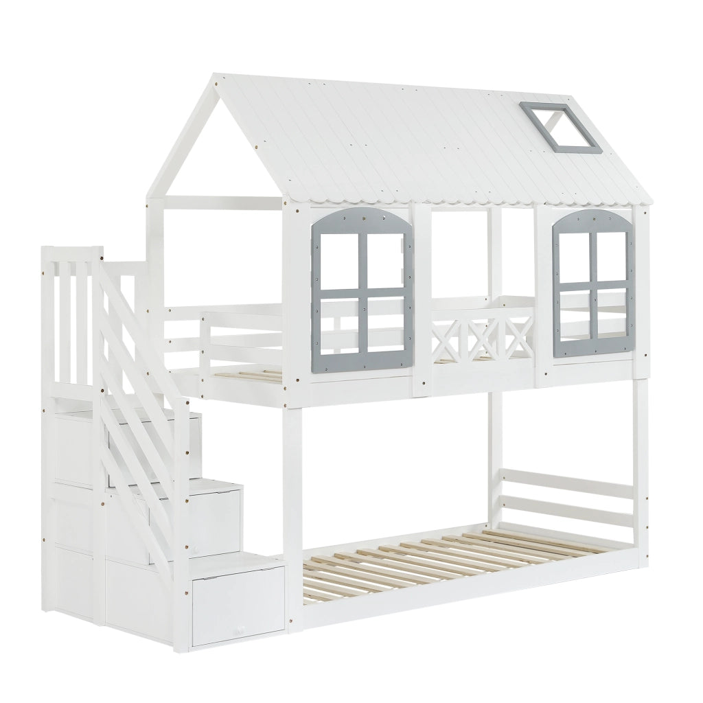 Letto a castello per bambini con tetto e finestre, scala contenitore, 90x200 cm, bianco e grigio