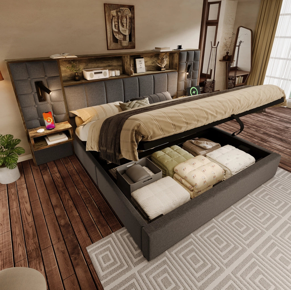 Letto matrimoniale 160x200 grigio con LED, USB-C e contenitore