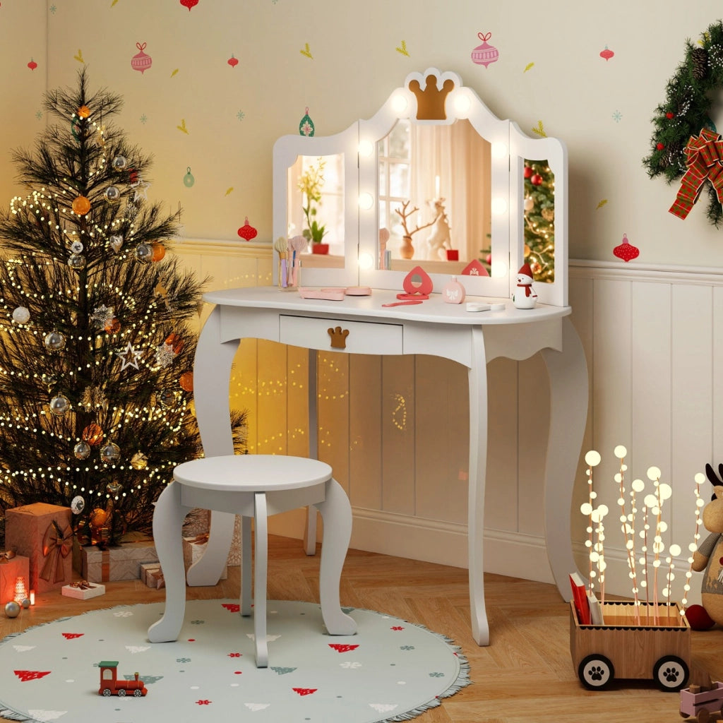 Set da trucco per bambini con specchio illuminato, Set da trucco con tavolo e sedia con specchio Bianco