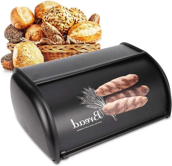 Contenitore per pane in acciaio inox per il piano di lavoro - Cassetto di contenimento di pane con coperchio pieghevole - Resistente alle impronte digitali - 38 x 25 x 15 cm - Nero Contenitore per pane