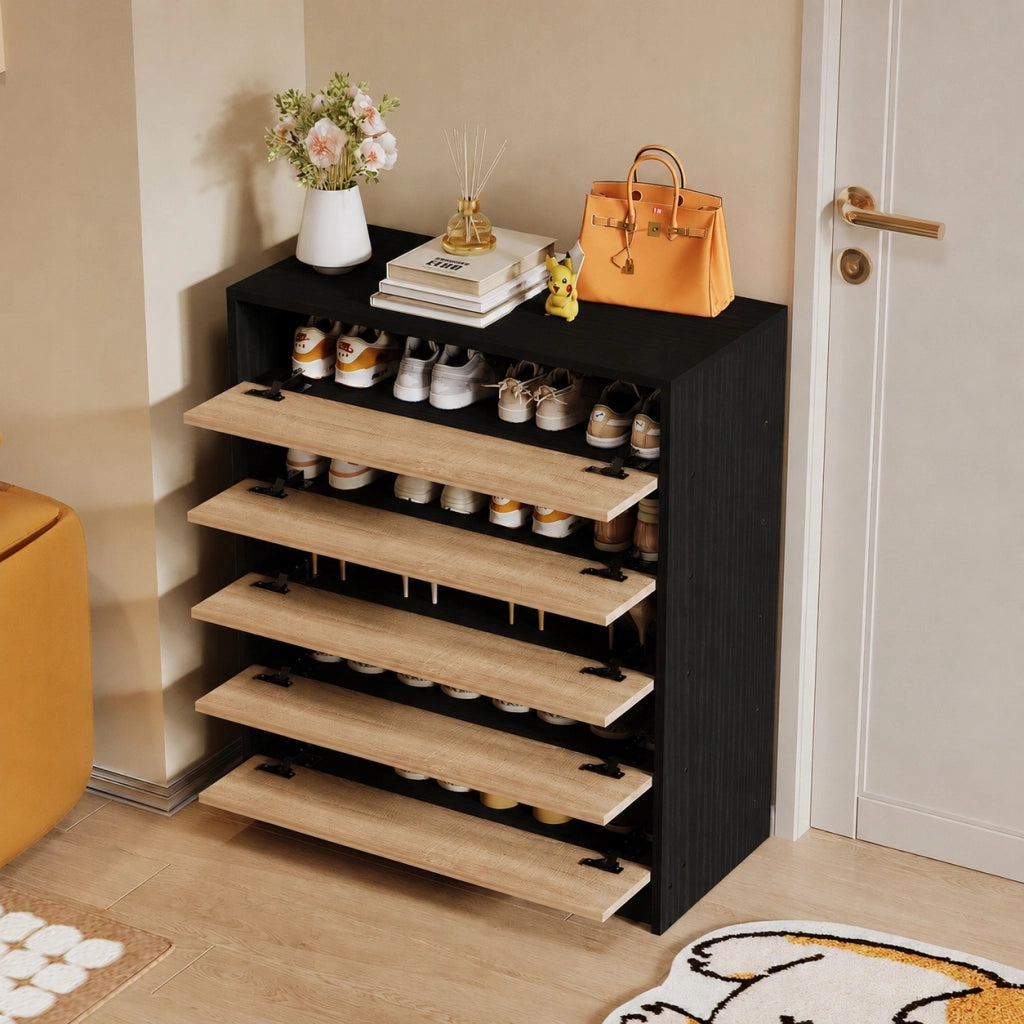 MOBILE PORTA SCARPE MARRONE CHIARO PER INGRESSO MODERNO CON 5 RIPIANI, MODELLO LOFT CON ANTE A BATTENTE