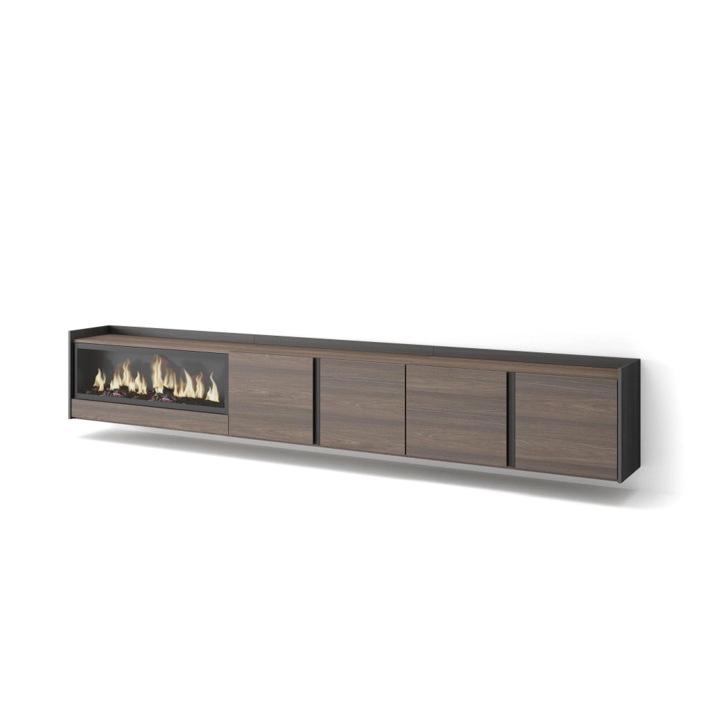 Mobile TV Soggiorno, 315x50x35 cm, Per TV fino a 80", Camino elettrico XXL, Sospeso, da appendere, Rovere scuro e Nero