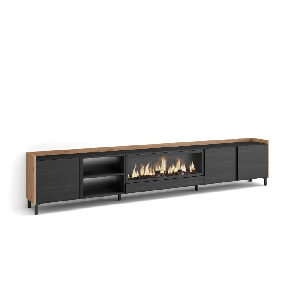 Mobile TV Soggiorno, 315x61x35 cm, Per TV fino a 80", Camino elettrico XXL, Design industriale, LED, Nero e rovere